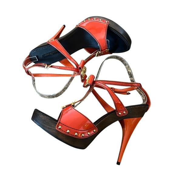 Louis Vuitton Patent Leather TStrap Stiletto Heels Sandals Orange EU 39.5 US 9.5 - Picture 8 of 12